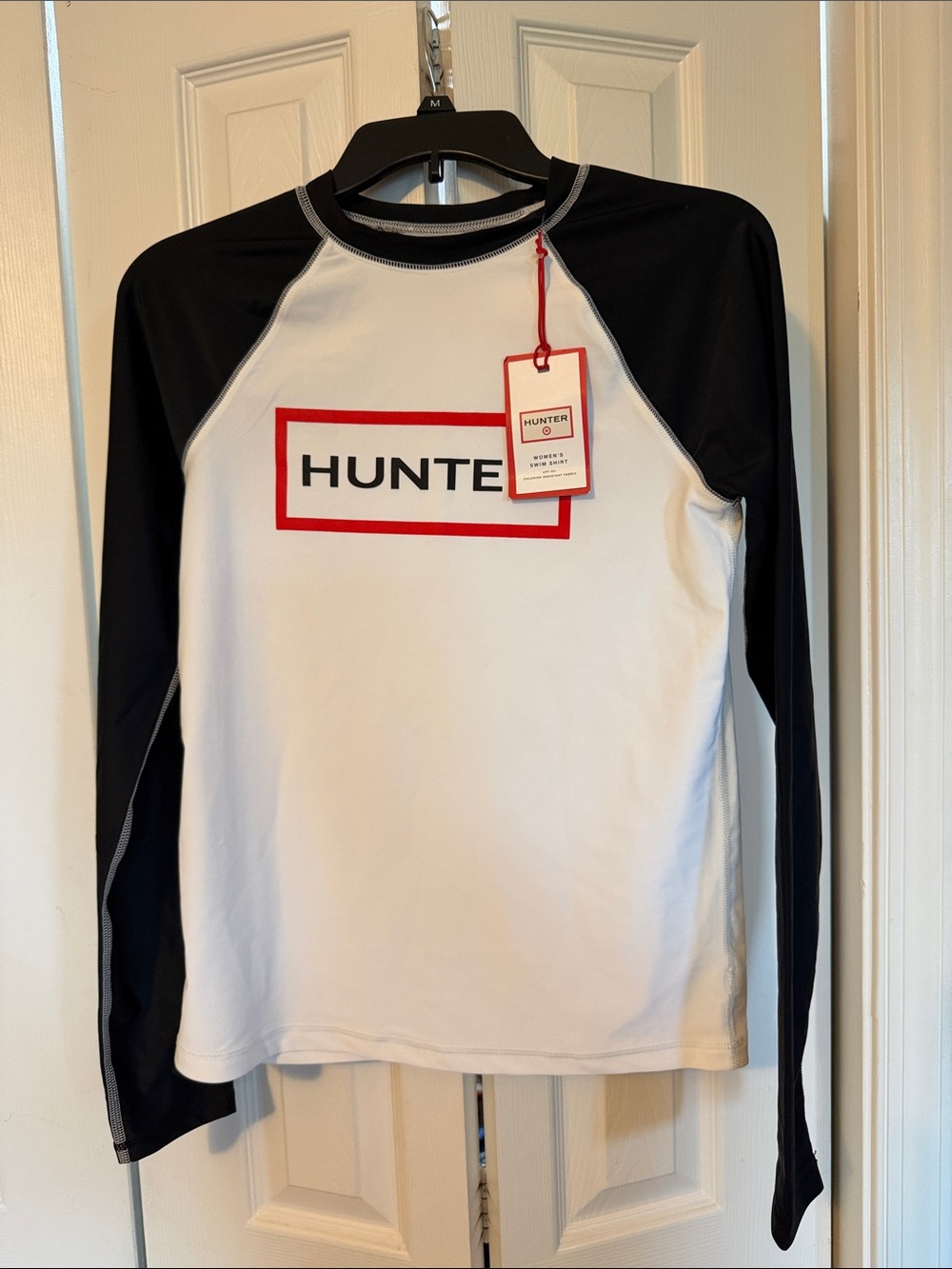 Hunter x Target White Swim Shirt with Black Sleeves and Red Logo